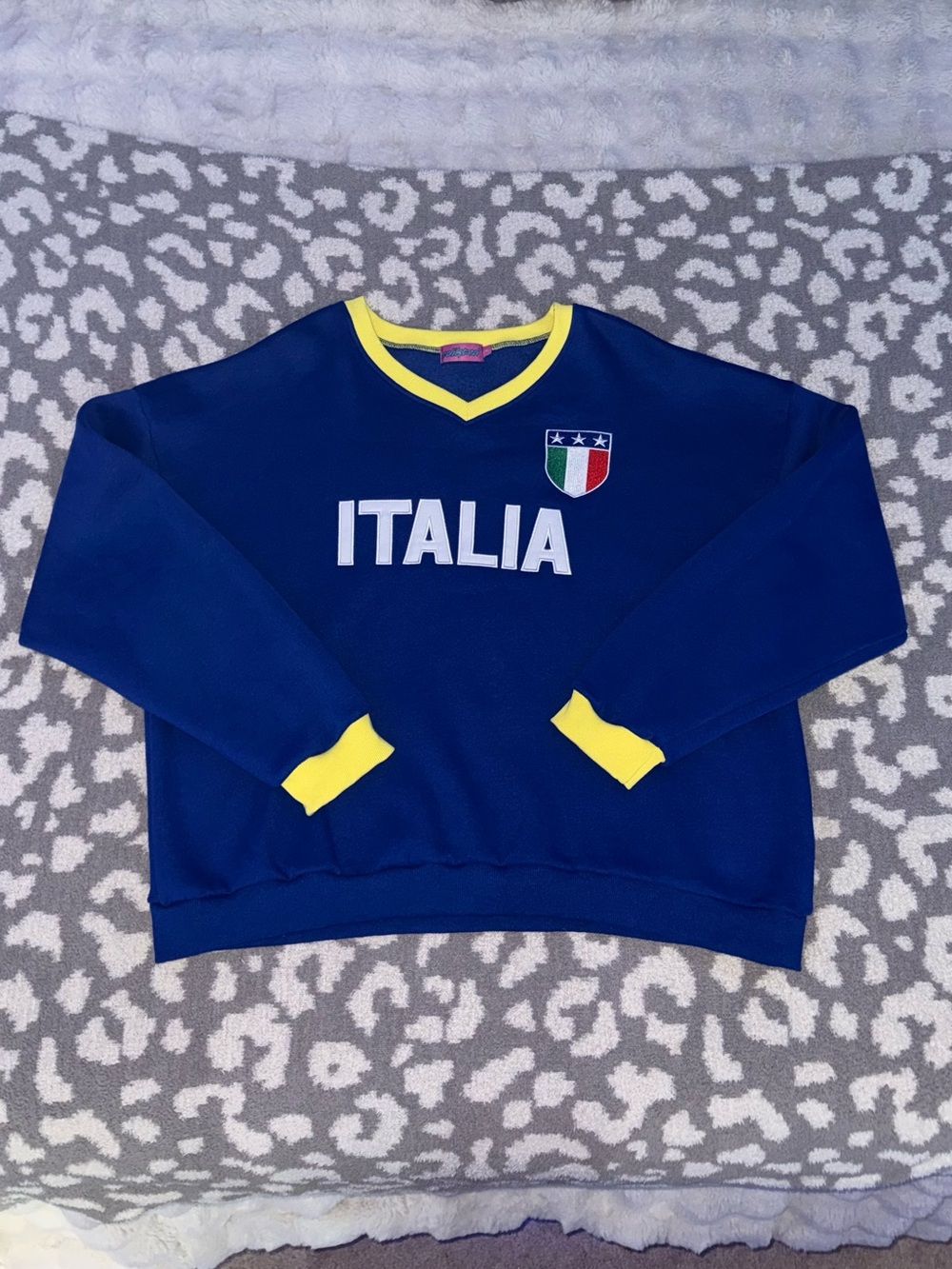 Edikted Blue V-Neck Italia Sweater with Yellow Trim size L